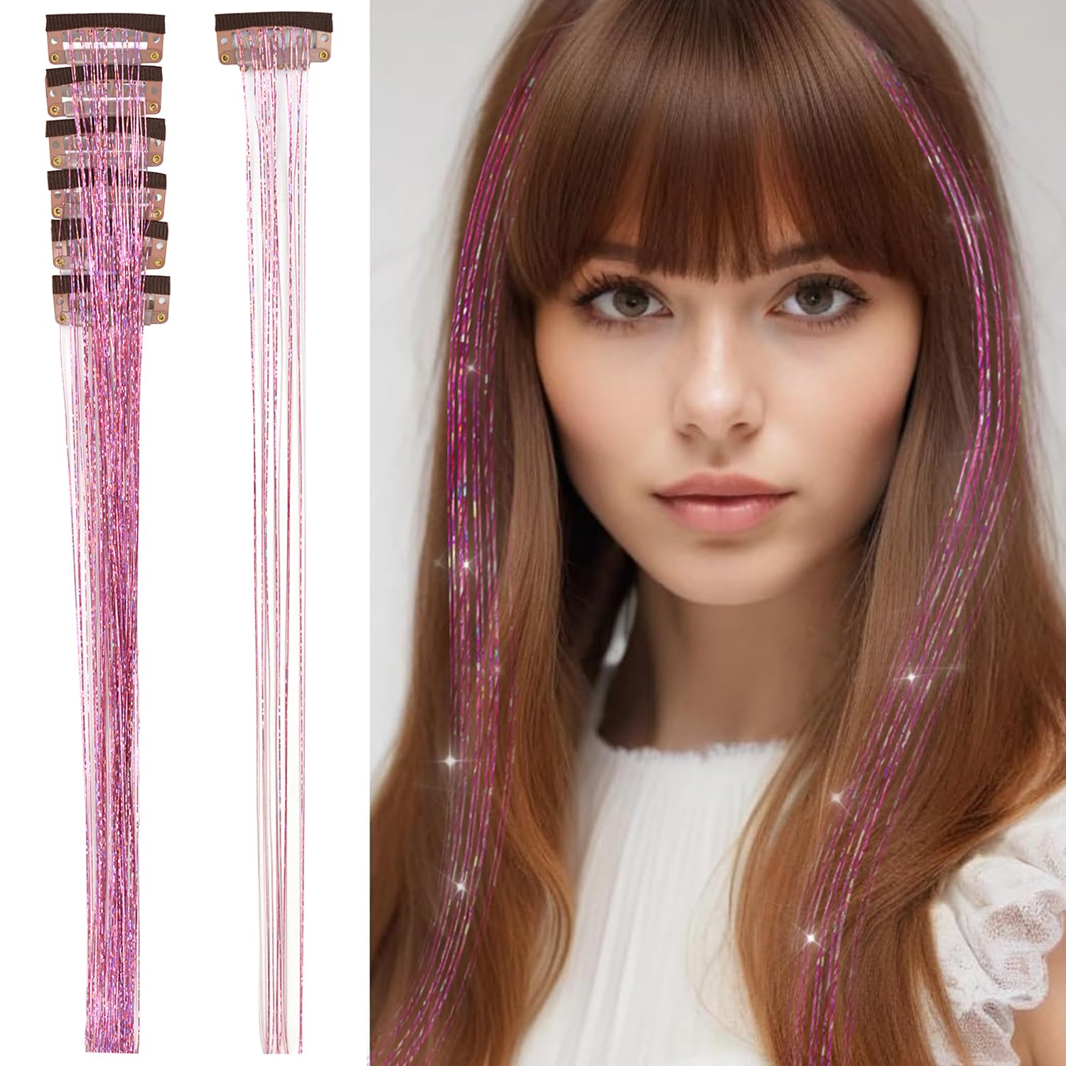 YTBYT 6 Pcs Clip-in 20.5 Inch Heat Resistant Glitter Tinsel Hair Tinsel for Women Hair Styling Party Gift（Pink）