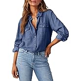 Astylish Women Button Down Denim Shirts Casual Long Sleeve V Neck Chambray Blouse Top