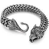 HZMAN Mens Stainless Steel Viking Wolf Head Link Curb Chain Bracelet 8.5Inch Gothic Bracelet 11mm Width