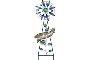 TERESA'S COLLECTIONS Peacock Garden Decor Solar Stake, Wind Spinner for Outdoor Decorations, Metal Windmill Blue Floral Yard Art Sign Decorative Garden Stake for Lawn Ornaments, Gifts for Mom, 26''