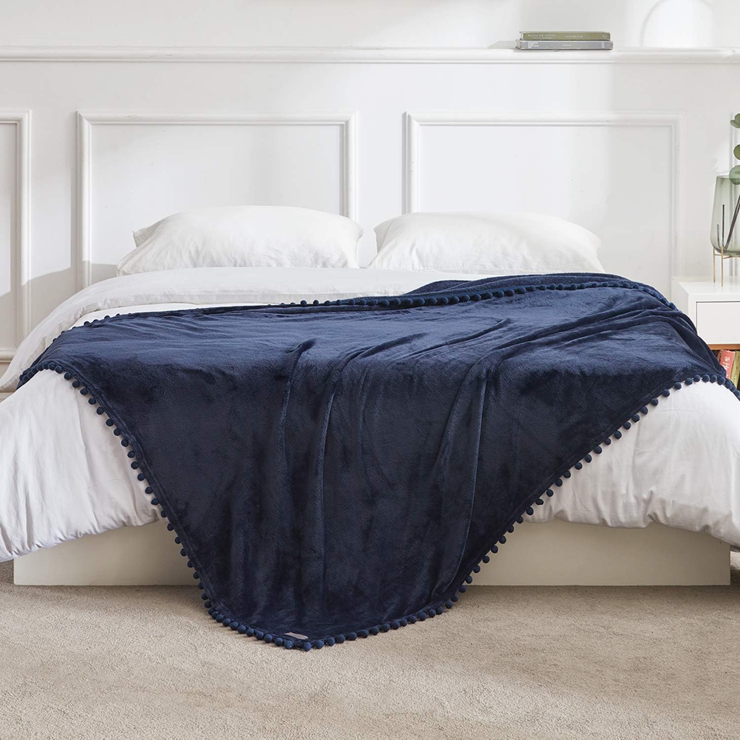 BEAUTEX Fleece Throw Blanket with Pompom Fringe, Navyblue Flannel Blankets and Throws for Couch, Super Soft Cozy Lightweight Plush Throw Blanket (50" x 60"): Kitchen & Dining