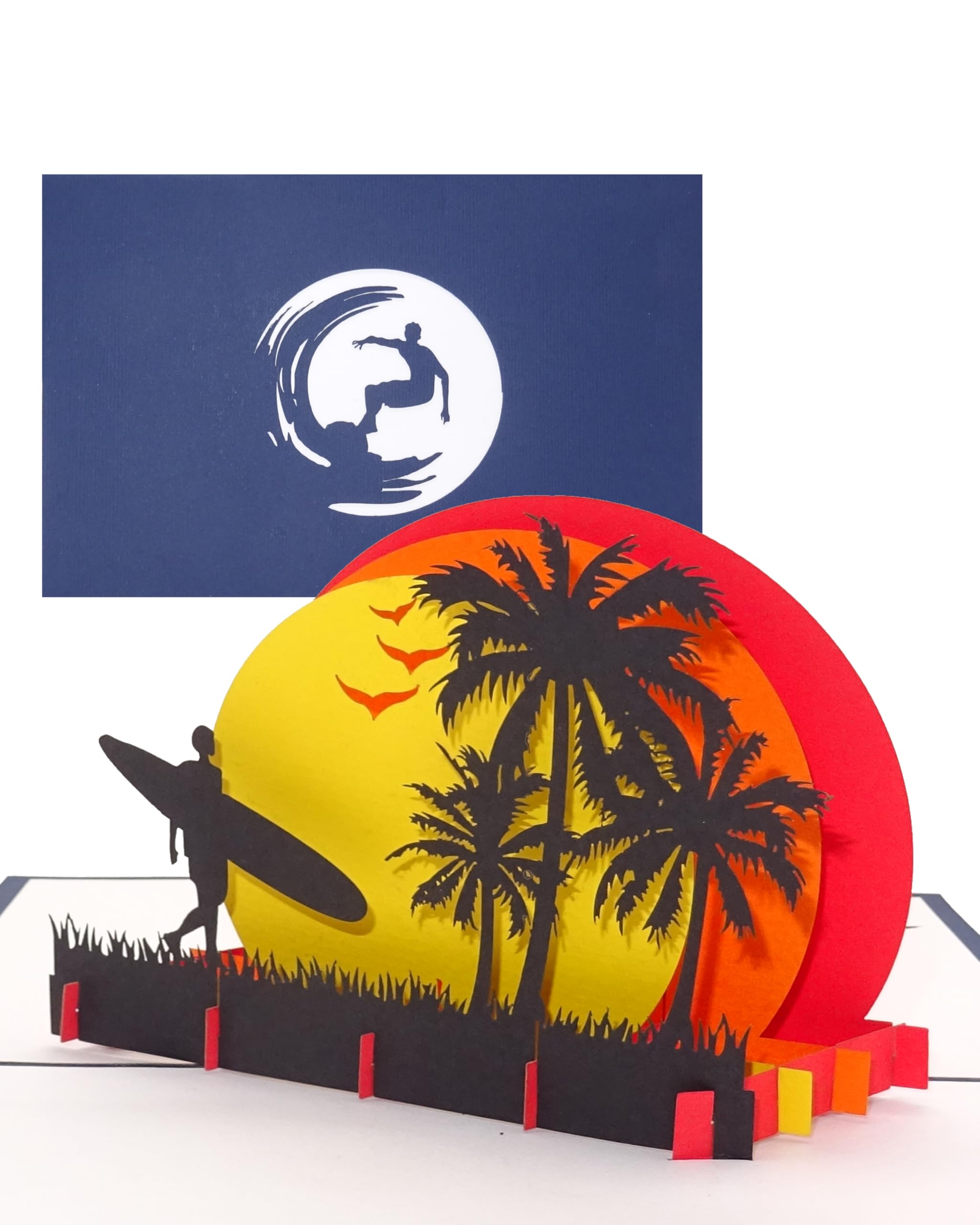 3D Pop Up Greeting Card "Surfer Sunset Beach" Travel Voucher Surf Trip, Surfer Gift, Voucher Card, Handmade Birthday Cards, Surfboard Gift Card