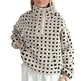 Mxiqqpltky Plaid Fleece Sweatshirt for Women Y2K Checkered Button High Neck Long Sleeve Fuzzy Sherpa Pullover Top with Pocket