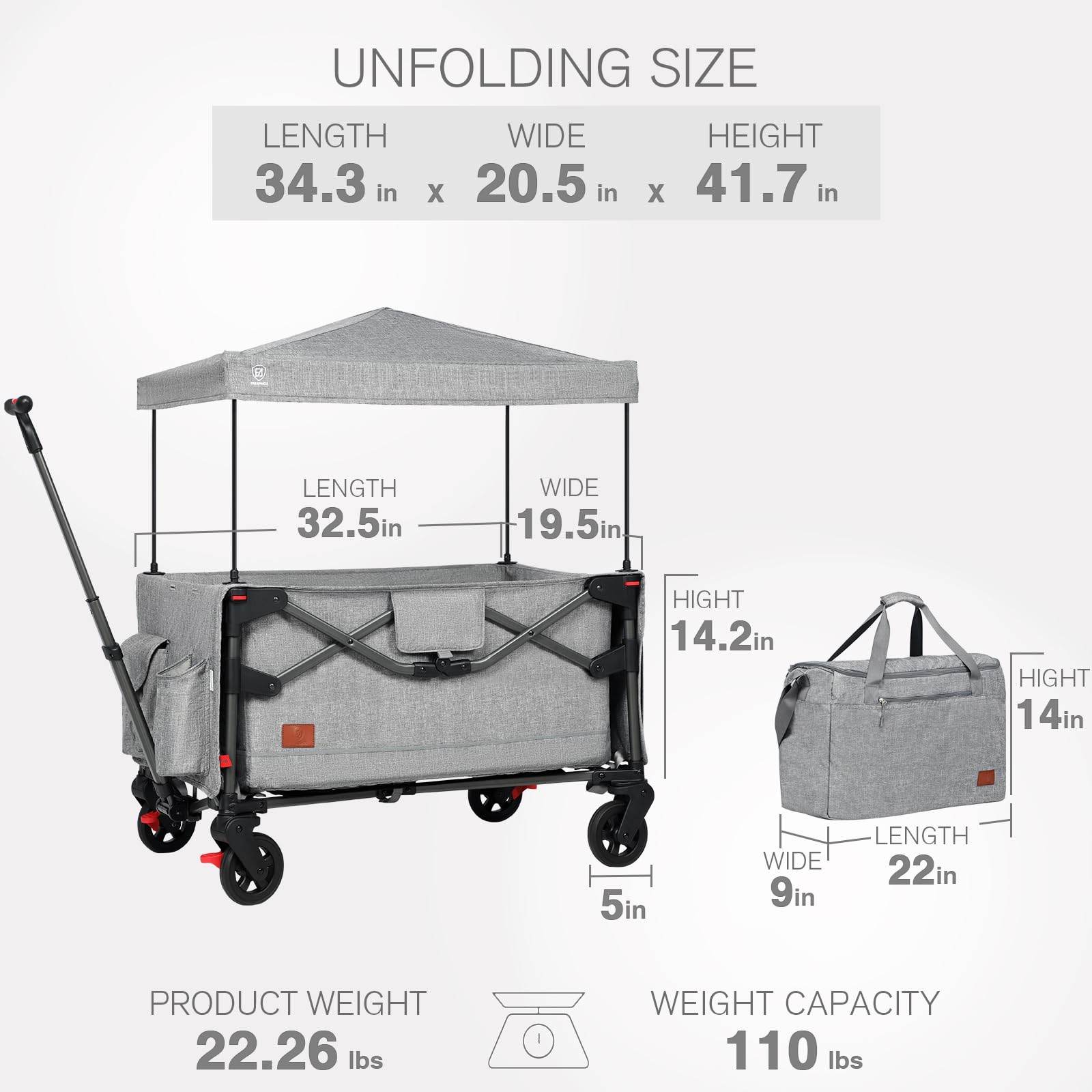 EVER ADVANCED Foldable into Bag Travel Wagon Stroller for 2 Kids & Cargo, Collapsible Toddler Wagon with Removable Canopy, Adjustable 5-Point Harness, Lightweight Carry-on Stroller for Airplane