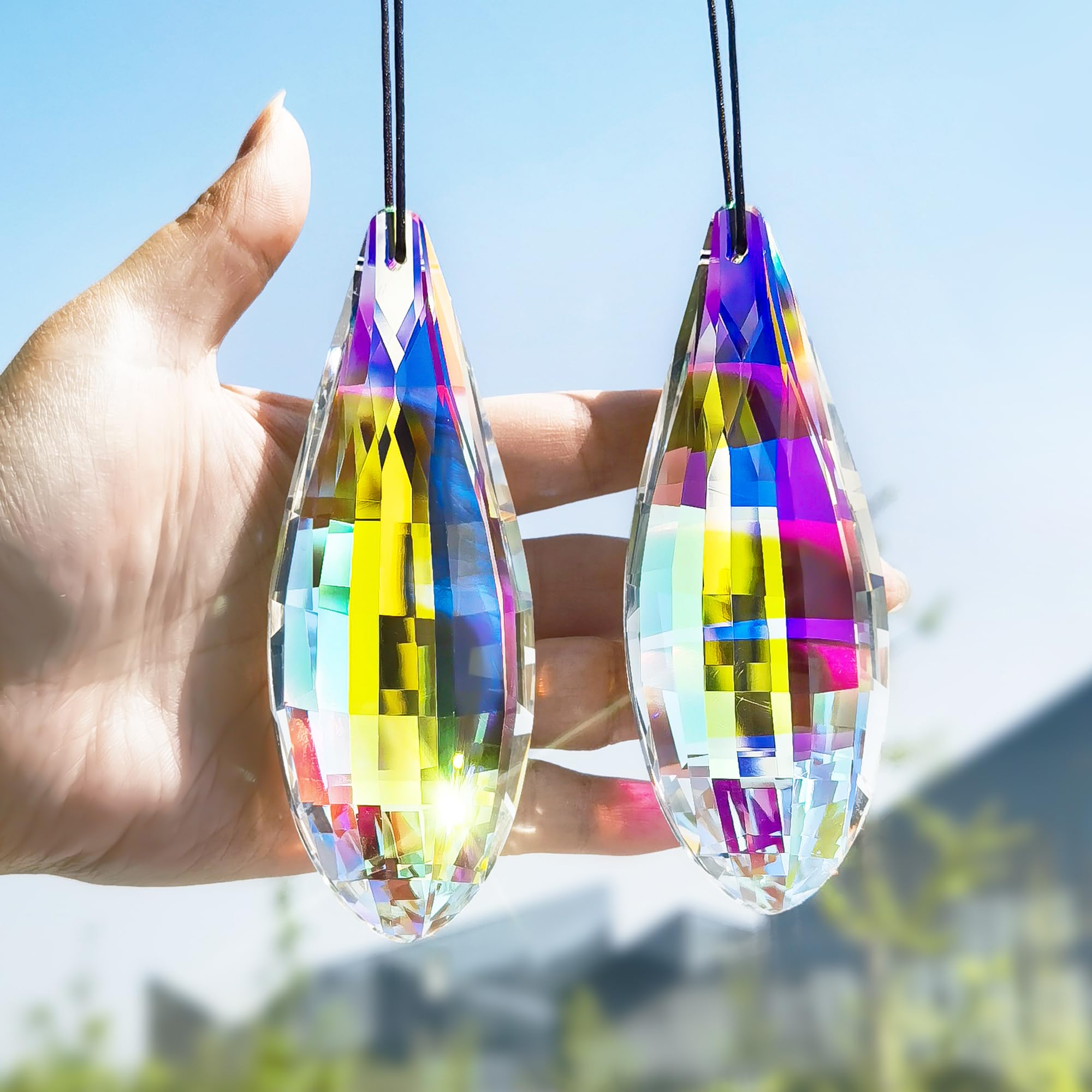 Photo 1 of HDCRYSTALGIFTS Pack 2,120mm Colorful Crystal Suncatchers Prisms Hanging Ornaments for Window Rainbow Maker Crystal Prisms Pendant Home Garden Decoration