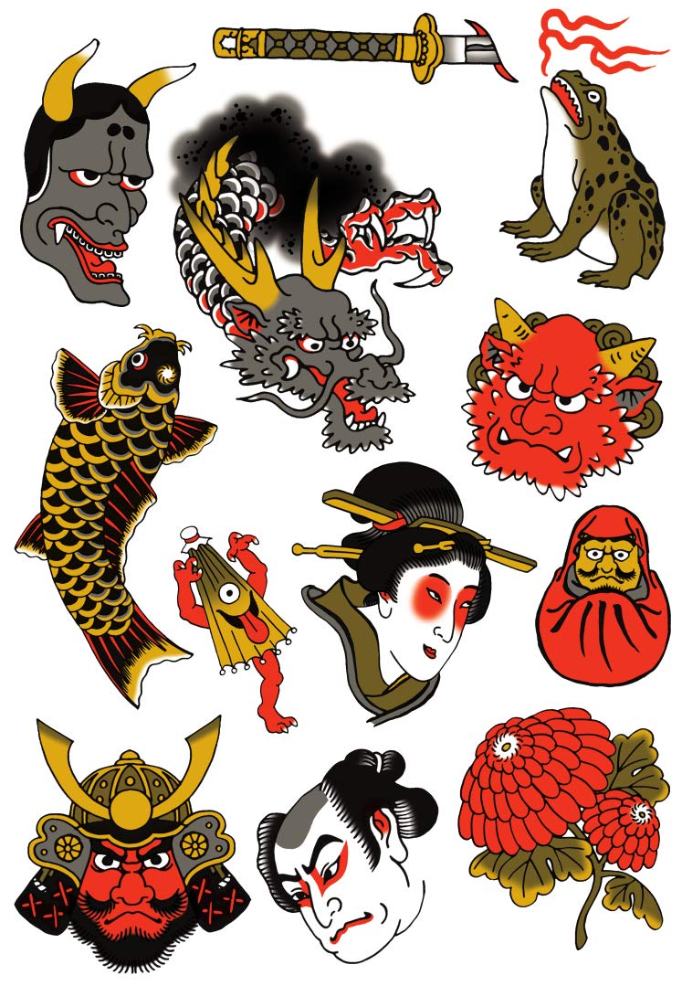 Tatsy The Japanese Set, Waterproof Temporary Tattoos Party Cover Up and For Men and Women, Asian Culture Patterns Designs Motifs Shapes, Samurai Sword Dragon Warrior Flower Geisha Frog