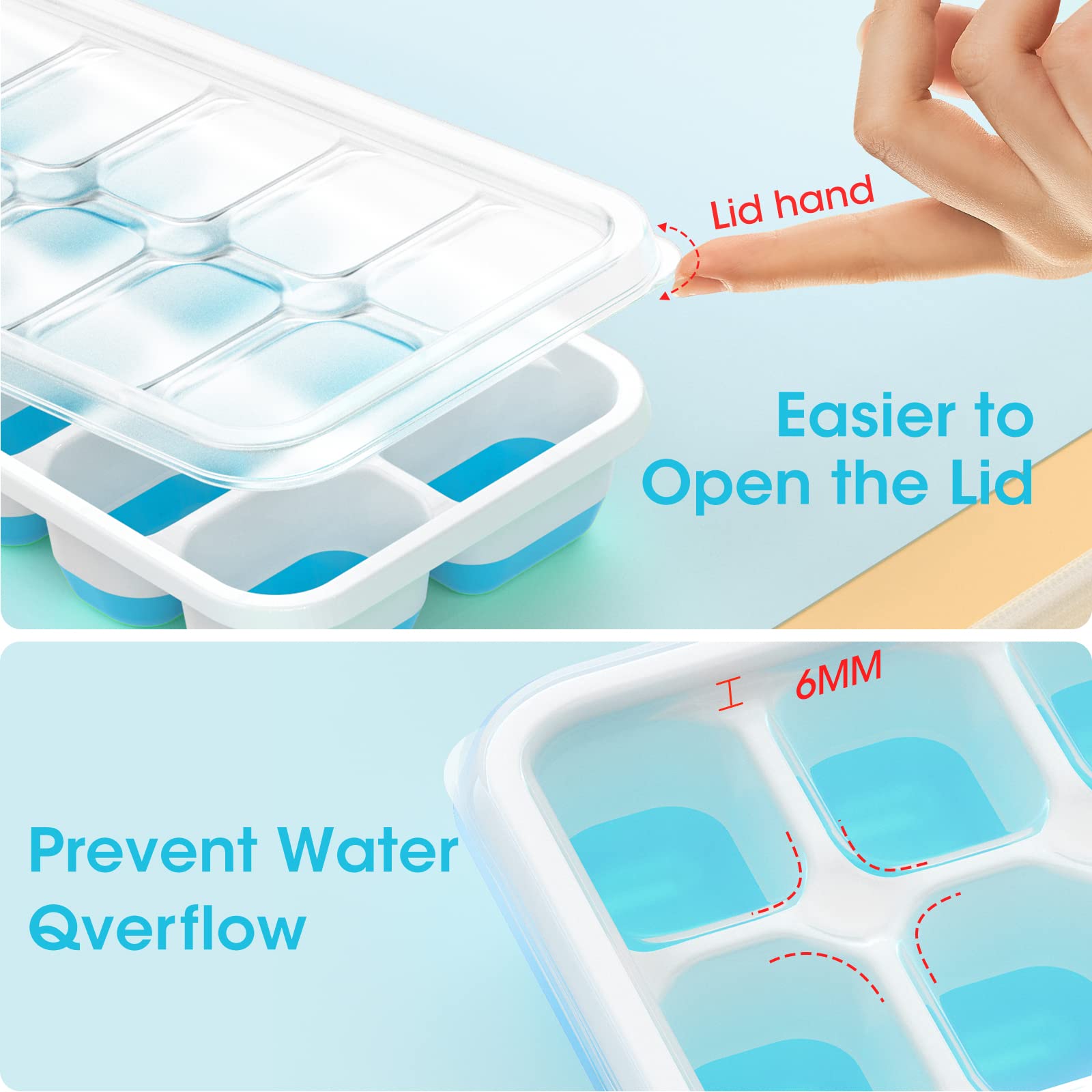 DOQAUS Ice Cube Tray with Lid and Bin, 4 Pack Silicone Plastic Iced Cubes Trays for Freezer with Box/Container, Stackable with Storage Ices Bucket, Tong, Scoop, for Baby Food, Cocktail, Coffee