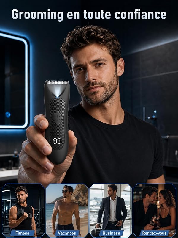 Tondeuse Corps Homme, Tondeuse Homme Partie Intime: Rasoir Homme Electrique Rechargeable,Lame en Céramique Anti Coupure, pour Partie Intime/Testicules/Pubis/Poils Pubiens, Utilisation Humide/Sèche — photo 7 sur 8