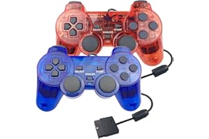 JINHOABF 2 Pack PS2 Wired Controller,Double Shock Gamepad Compatible with PS2 Controller (Clear Blue+Clear Red)
