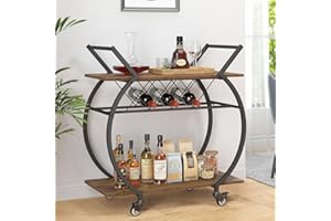 LVB Industrial Kitchen Bar Cart, Farmhouse Beverage Serving Liquor Cart with Wheels, Wood and Metal Rolling Wine Cart with Storage Shelf, Microwave Drink Cart for Home Living Dining Room, Rustic Brown