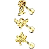 Jewseen 3Pcs Bee Cartilage Earrings 16g Internally Threaded Conch Piercing Jewelry 316L Stainless Steel Helix Earring Gold Rose Tragus Studs Leaf Lip Ring for Women Men