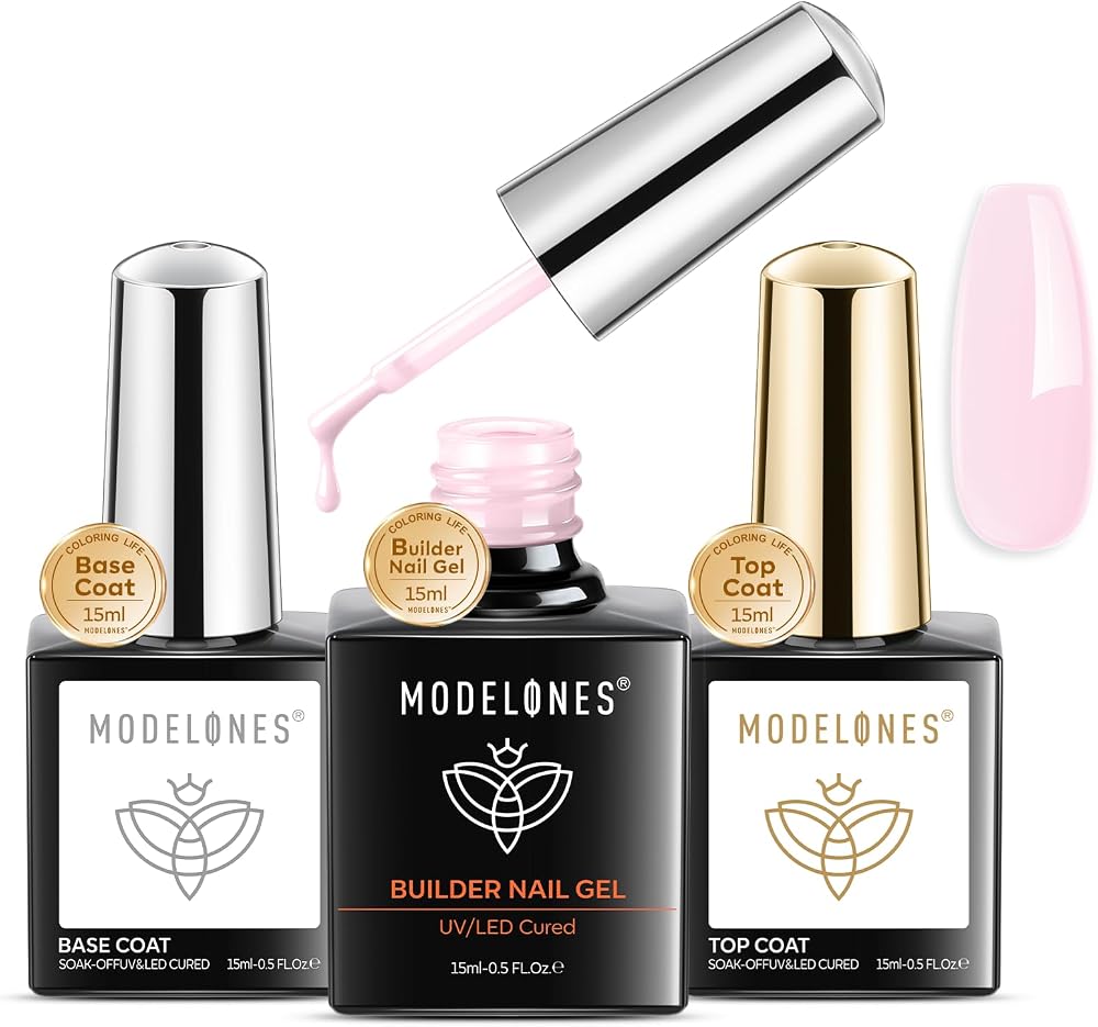 Modelones Pink Builder Gel with Base & Top Coat Set 3Pcs No Wipe Top Coat