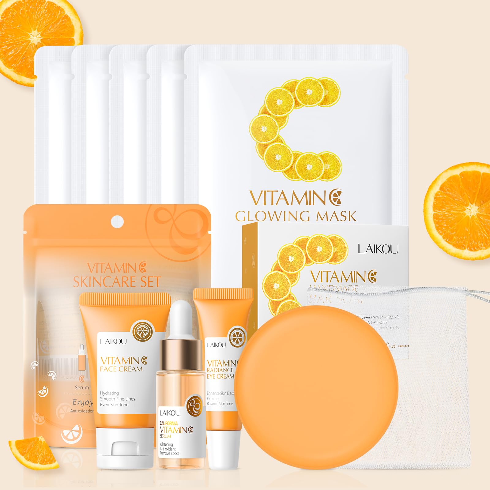 LAIKOU Skincare Set, Vitamin C Face Care Sets & Kits, Face Cream,Serum,Eye Cream,Handmade Soap & Sheet Masks, Hydrating, Brightening & Anti Aging for Radiant Skin Gift Set for Women Teenage Girls — image 1