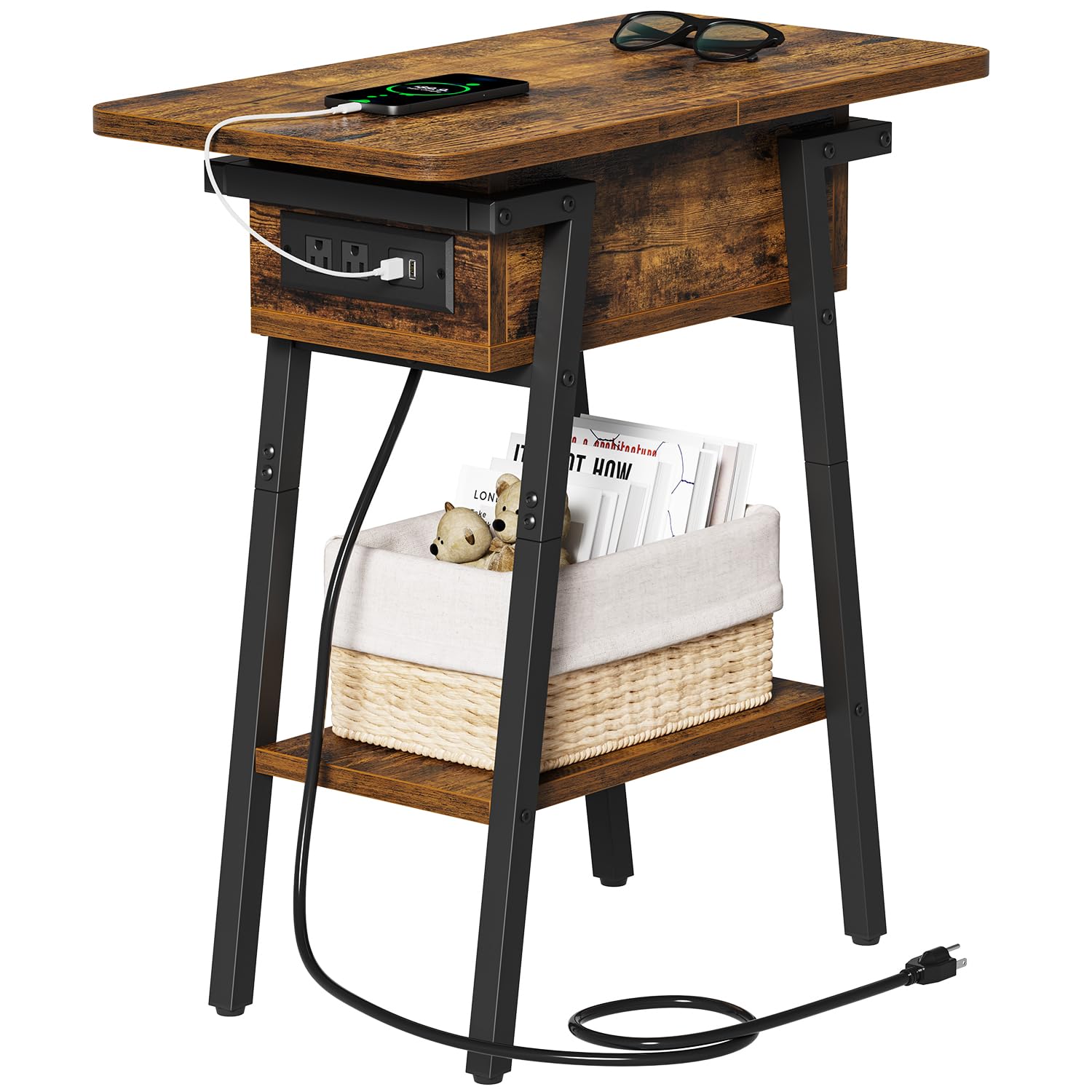Photo 1 of End Table with Charging Station, Flip Top Side Table with USB Ports and Outlets, Bedside Tables for Small Spaces,Nightstand with Storage Shelf for Living Room, Bedroom, Rustic Brown