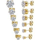 MDFUN 6 Pairs Stud Earrings Set Hypoallergenic 5A+ Cubic Zirconia 3-8 MM 6-Prong Round Earring for Women Men 18K Gold Plated Cartilage Multiple Piercing Ear Jewelry