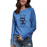Women's I'm Fine Everything is Fine Long Sleeve T-Shirt-Cute Funny Cat Graphic Tee Sayings, Loose Fit Soft Casual Blouse Top