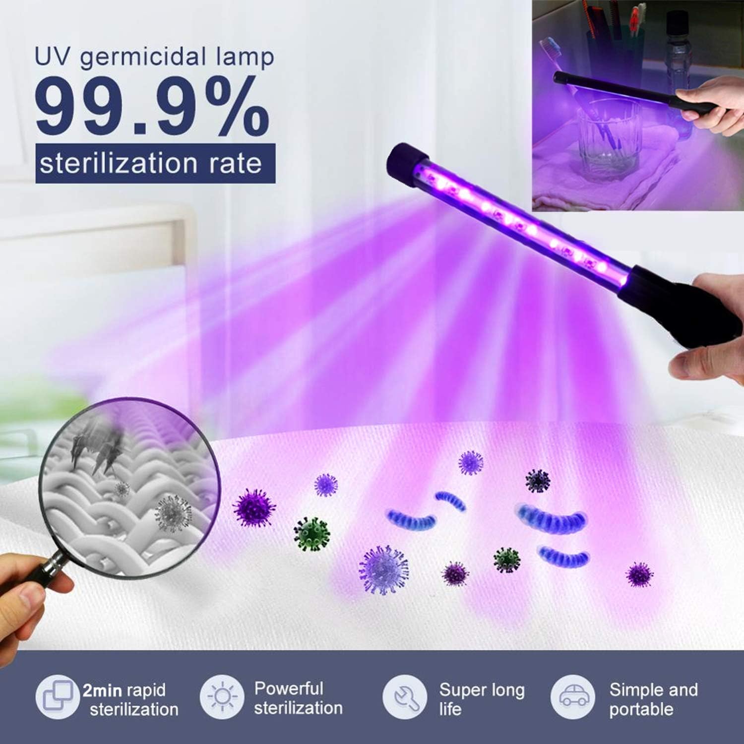 Esnow 5W UV Sanitizer Wand, Handheld Waterproof UV Lamp Sterilizer for Hotel Household Wardrobe Toilet Car Kitchen tToys Pet Area, Travel Size Air Purifier