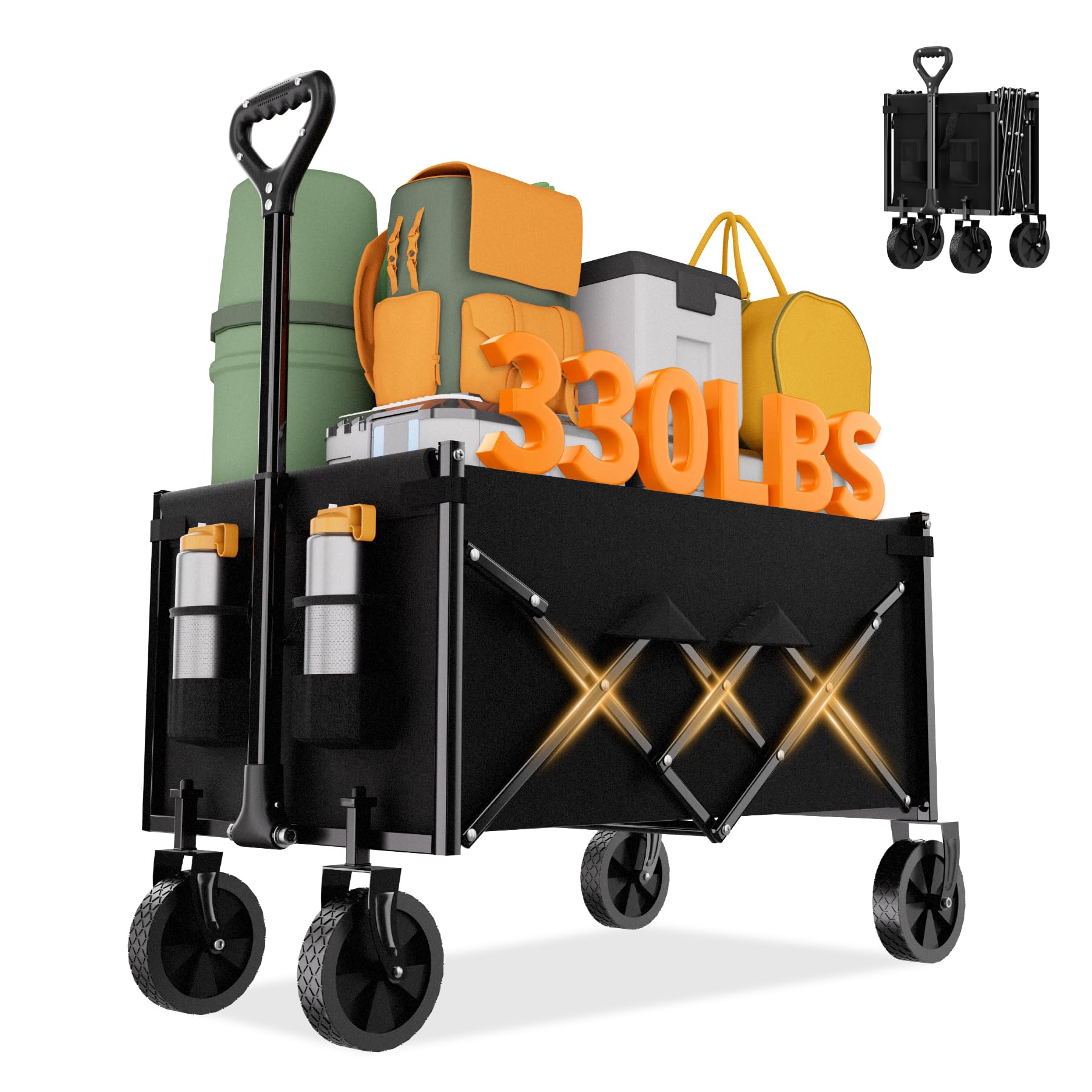 Photo 1 of Favoyard Collapsible Wagon 100L & 330LBS, Heavy Duty Wagon Carts Foldable, Portable Folding Wagons with All - Terrain Wheels& Drink Holders, for Grocery Camping Beach Shopping Garden, Black