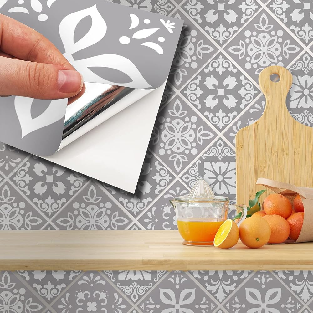 WALPLUS Grey Stick On Tiles 15x15 cm Kitchen Backsplash 24 Pack Peel & Stick