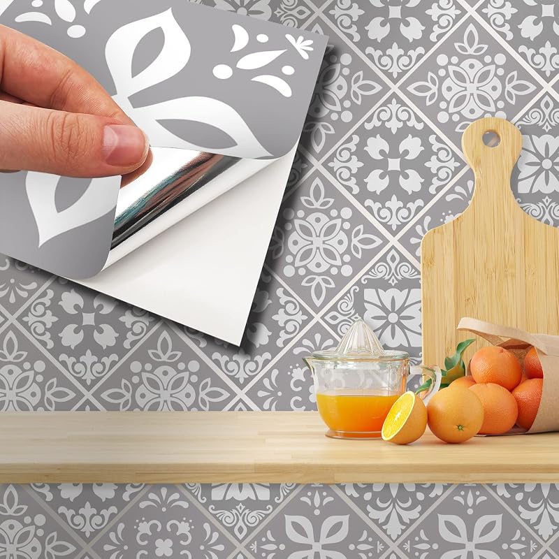 WALPLUS Grey Stick On Tiles 15x15 cm Kitchen Backsplash 24 Pack Peel & Stick