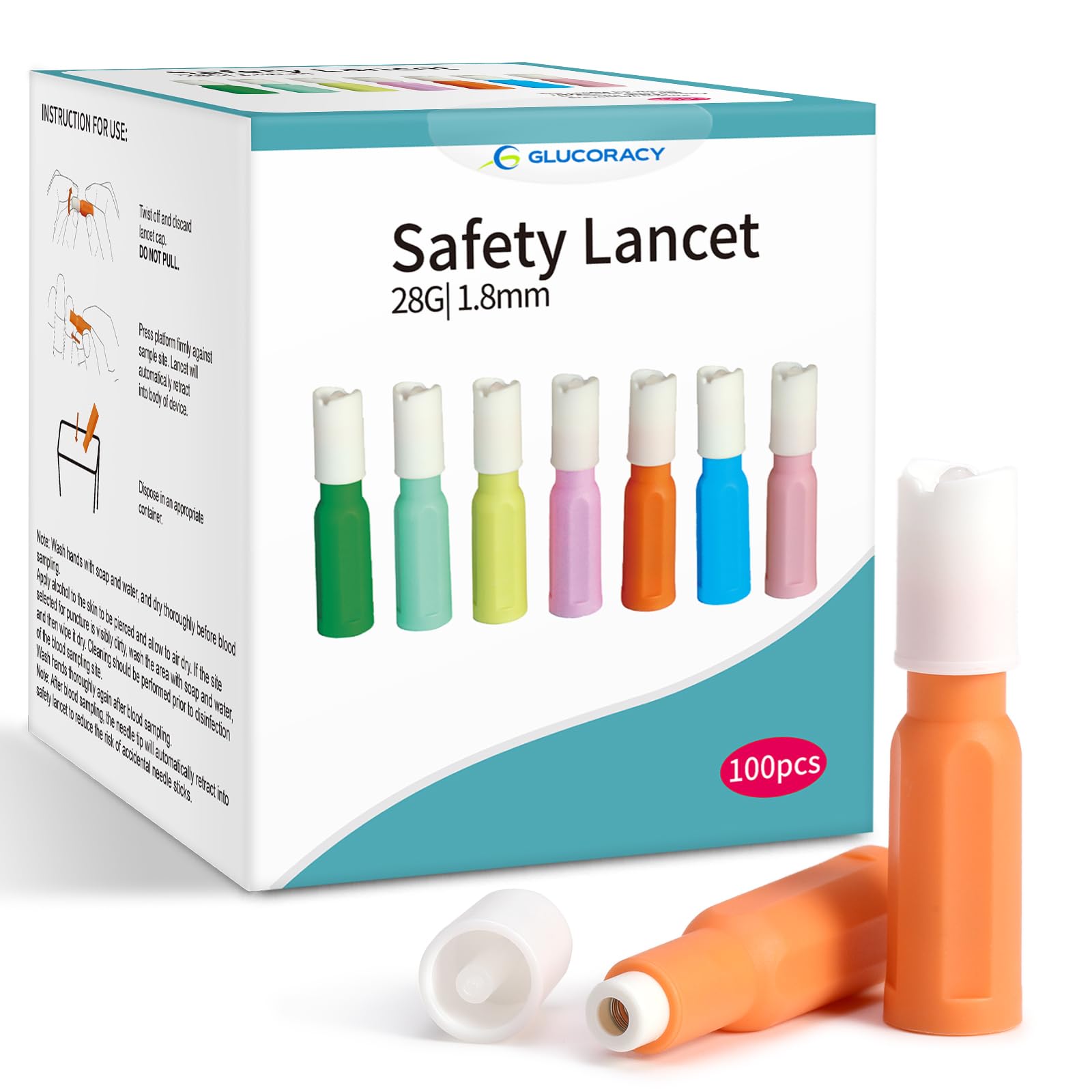 Glucoracy Safety Lancets, Sterile, Top Push Button Activated, 28 Gauge, 1.8 mm, 100 Count, 1 Pack