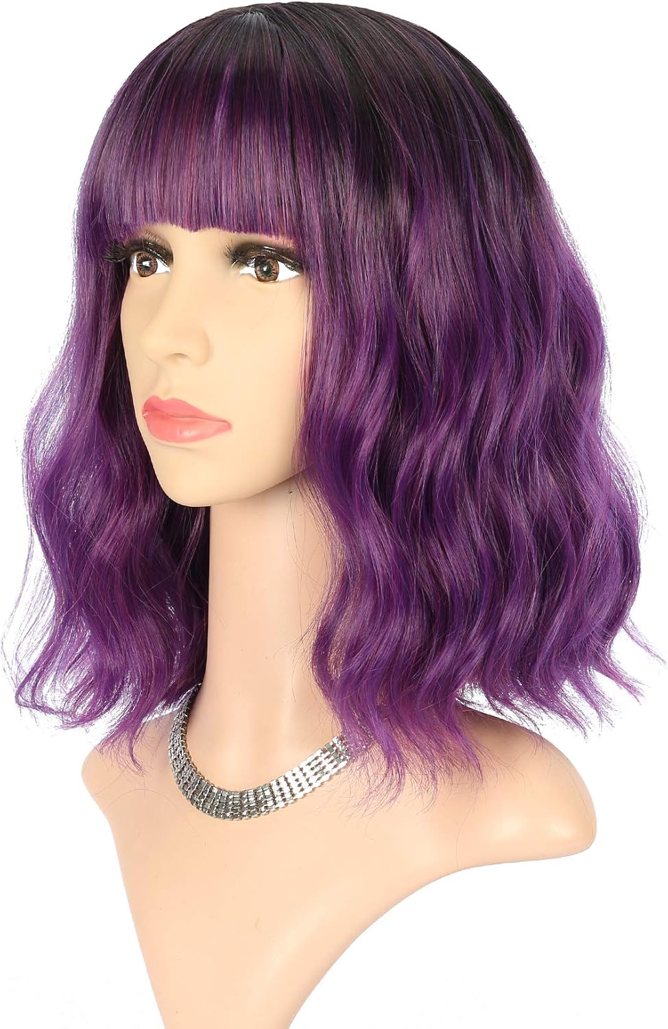 FAELBATY Purple Wig With Bangs Short Bob Synthetic Cosplay Wig for women Costume Wigs (12" Ombre Dark Purple Color) - Image 3