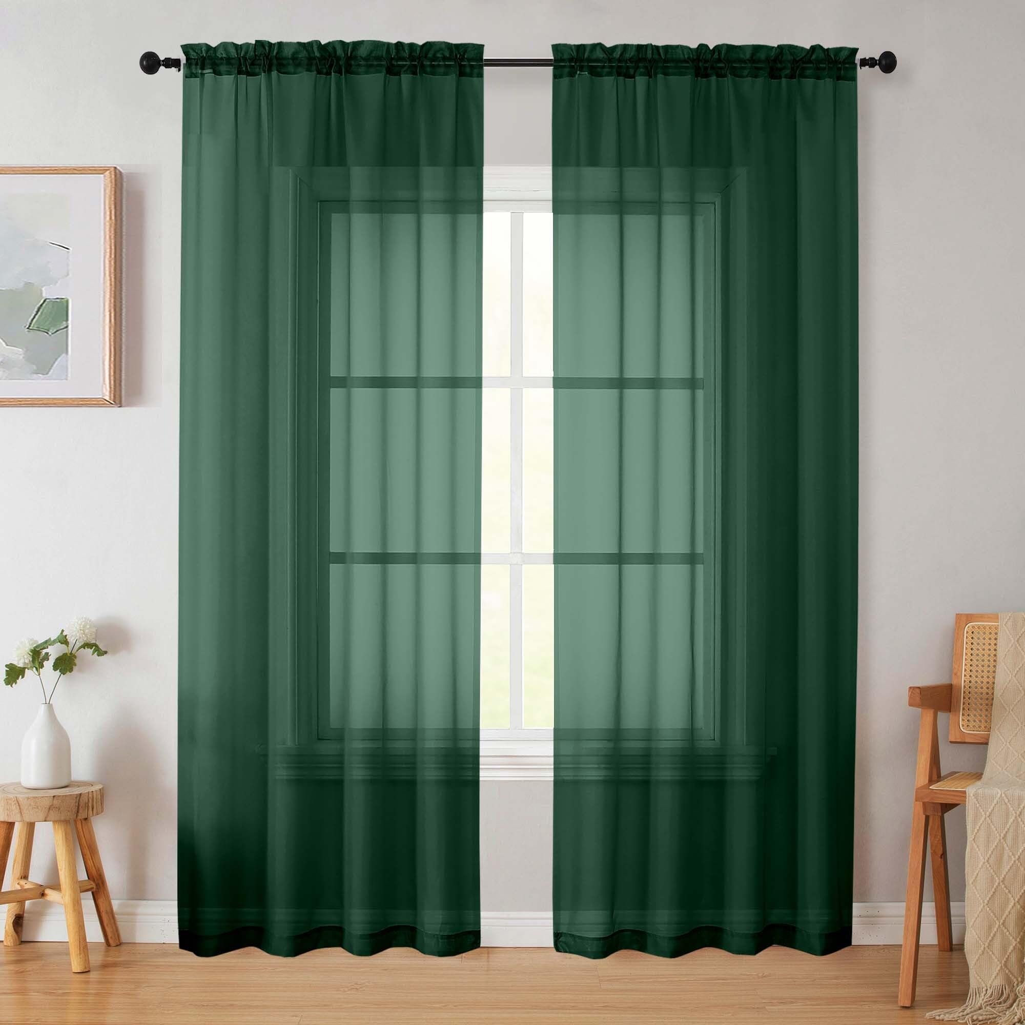 Photo 1 of WelvetBLK Hunter Green Sheer Curtains 84 Inches Long 2 Panels, Soft Airy Light Filtering Curtains for Bedroom Living Room, Rod Pocket Privacy Drapes Window Treatments, Hunter Green, Total Wide 84 Inch