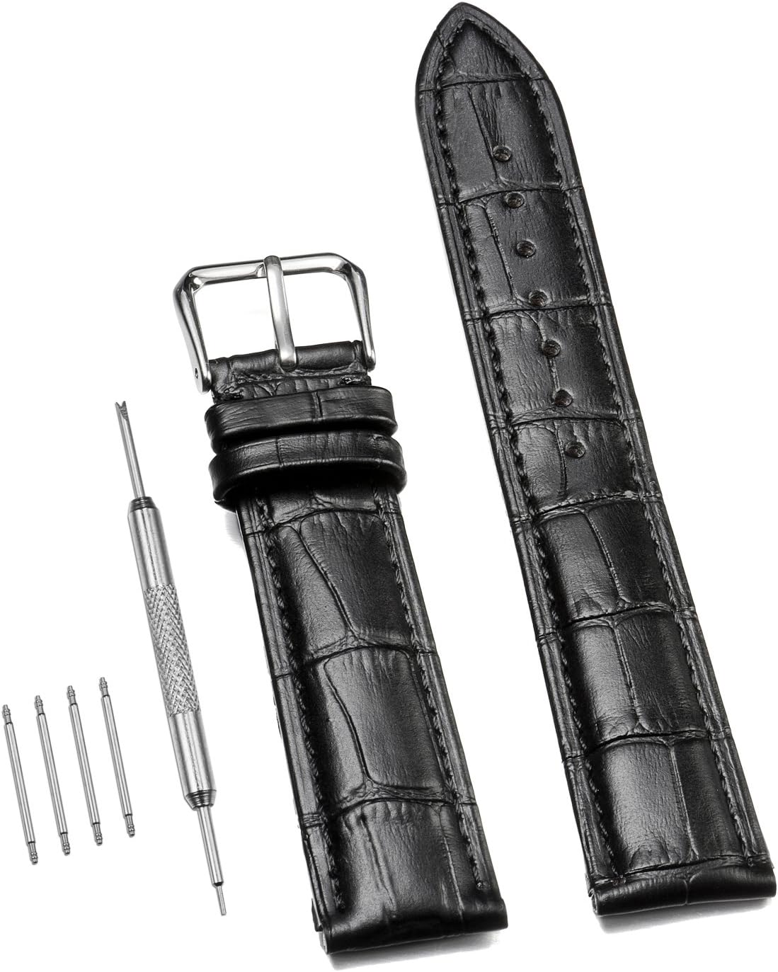 22mm Leather watch band,Quick Release Leather Smart Watch Band, Pluwatch Genuine Leather Watch Strap for Men's Women's Watch (20mm Dark Black)