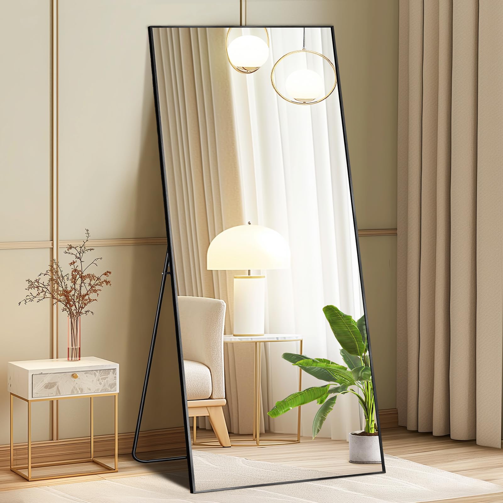 DUMOS Full Length Mirror with Stand, 56"x21" Floor Mirror with Aluminum Alloy Frame for Bedroom, Standing Full Body Mirror with Shatter-proorf Nano Glass for Wall, Living Room, Cloakroom, Black Image