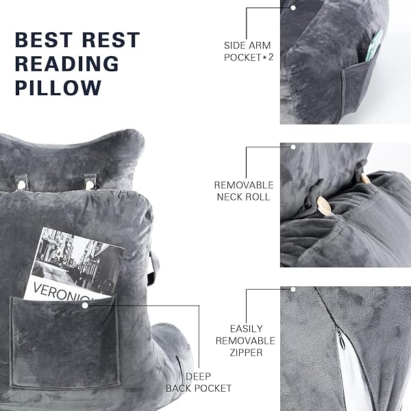 SLIGUY READING PILLOW EXTRA LARGE 31″ BED REST PILLOW WITH DETACHABLE NECK ROLL FOR SITTING IN BED OR COUCH ADULT BACK PILLOW FOR WATCHING TV/GAMING/RELAXING