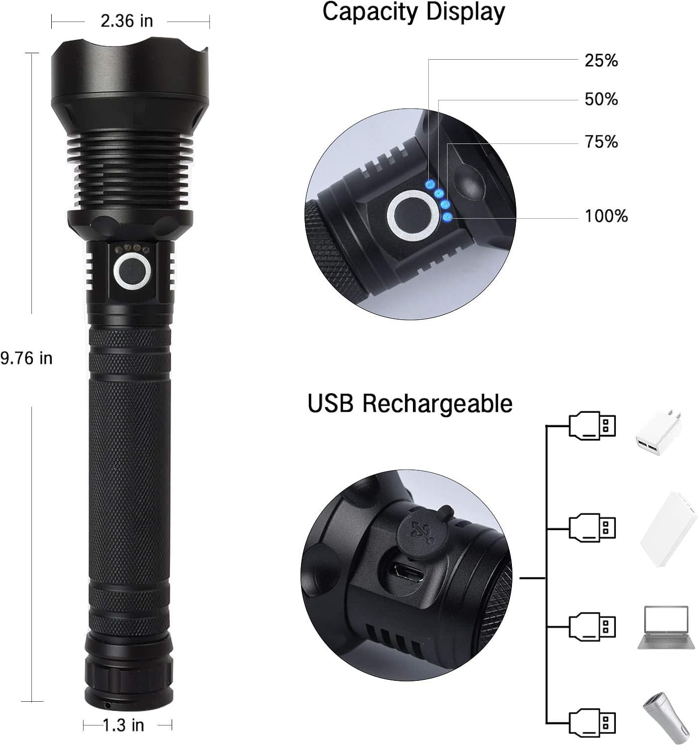 Rechargeable Tactical Flashlights 90000 High Lumens, Brightest Powerful LED Flashlight with Battery Included, High Lumens, Zoomable, 3 Light Modes, Handheld Flashlight for Outdoor Indoor - - 