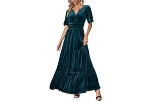 Amegoya Women's Velvet Short Sleeve V Neck Formal Wedding Guest Maxi Dresses Fall Evening Party Long Dresses