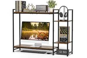 ikkle Desk Shelf, Desktop Organizer Shelf with 5 Shelves, Desk Hutch with Computer Monitor Riser, 3 Tier Desktop Display Rack, Wood Desktop Bookshelf Storage Rack for Dorm Office Home, Rustic Brown