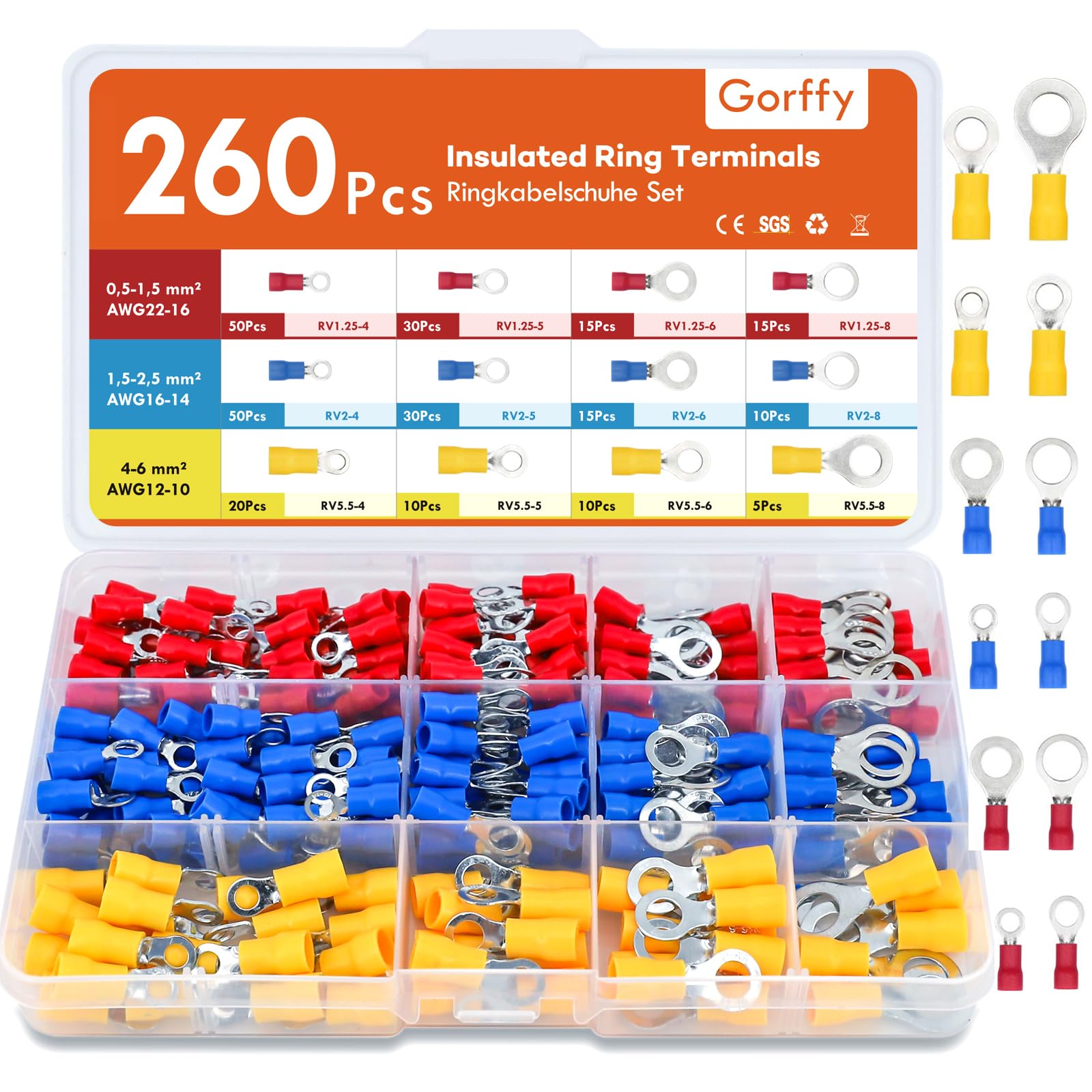Gorffy Ring Terminals, 260PCS Electrical Crimp Connectors, AWG22-10 Crimp Terminals, Insulated Wiring Connectors, Ring Electrical Wire Connectors for Wiring — image 1