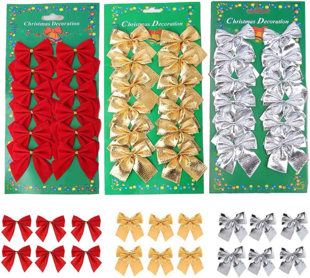 Bows & Ribbons - meioro Christmas Bows Ornaments for Xmas Tree Ribbons Glitter Bow, 36pcs Mini Bowknot Christmas Tree Hanging Decorations, Party Home Wreaths Gift Wrapping Supplies (Red,Gold,Sliver)