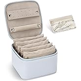 DesignSter Small Jewelry Box, Travel Small Jewelry Organizer with Earring Tray and Ring Holder, Square Travel Jewelry Storage Case with 6 Velvet Jewelry Pouches, Blue Gray