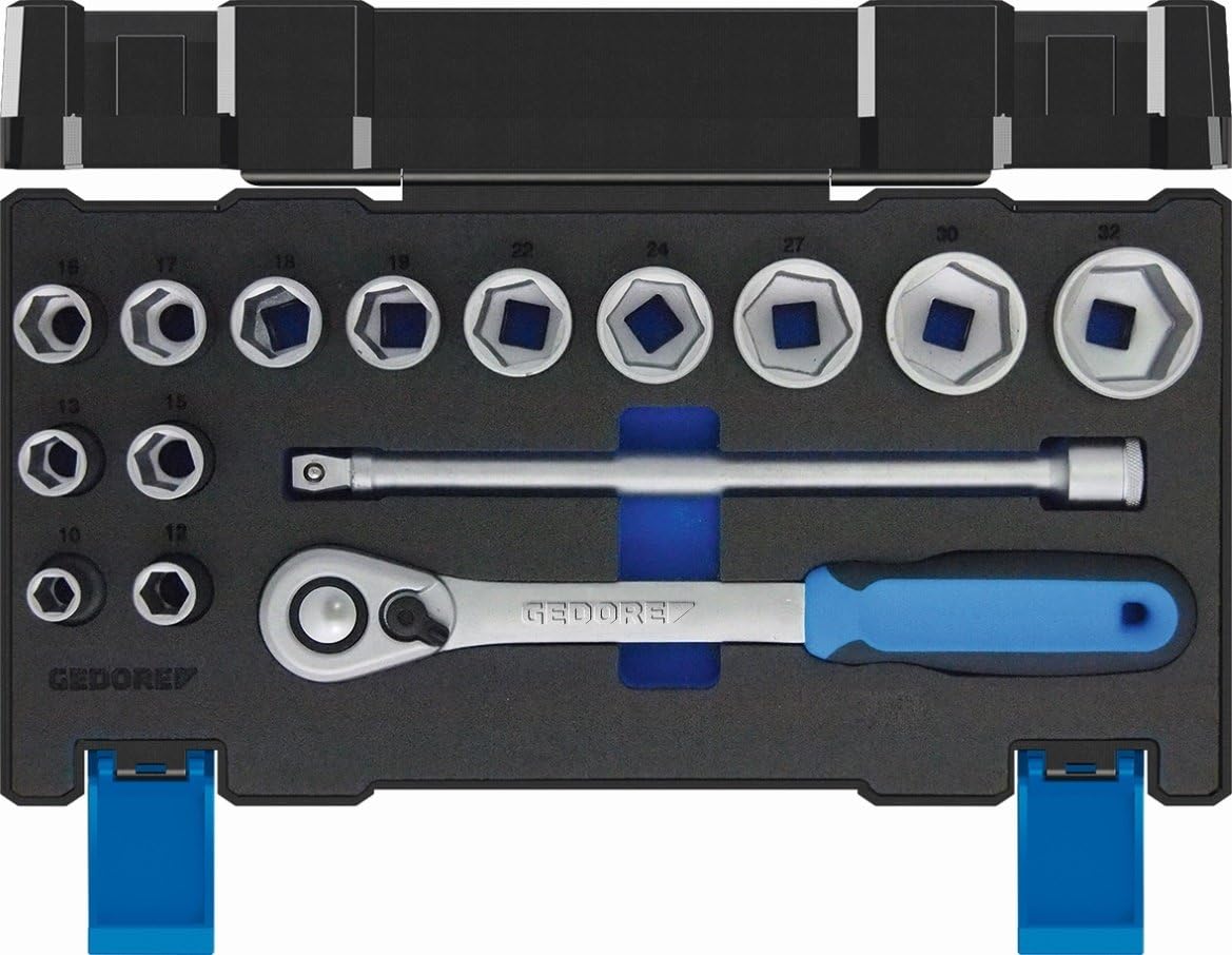 GEDORE 15-piece Socket spanner set, 1/2", Tool, Sockets ratchet bits, for Automotive 19 DMU 20, Blue, Small