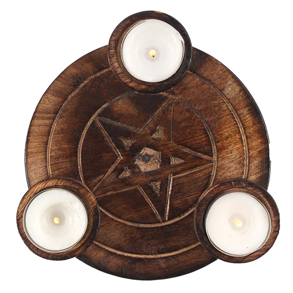 Enchanting Brown Wood Pentagram Tea Light Candle Holder - 2.5cm x 17.2cm (1 Pc) - Exquisite Decoration, Quality Craftmanship - Ideal for Spiritual Home Decor