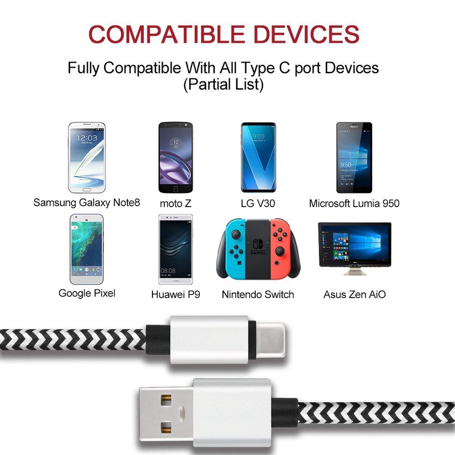 USB Type C Charger Cable [3-Pack, 6ft] Myckuu Fast Quick Charge USB-C Nylon Braided Cord for Samsung S9/S8 Plus, Galaxy Note 9/8, LG Stylo 4/G7 Thinq, Moto G6/Z3, ZTE Blade Zmax - White/Black
