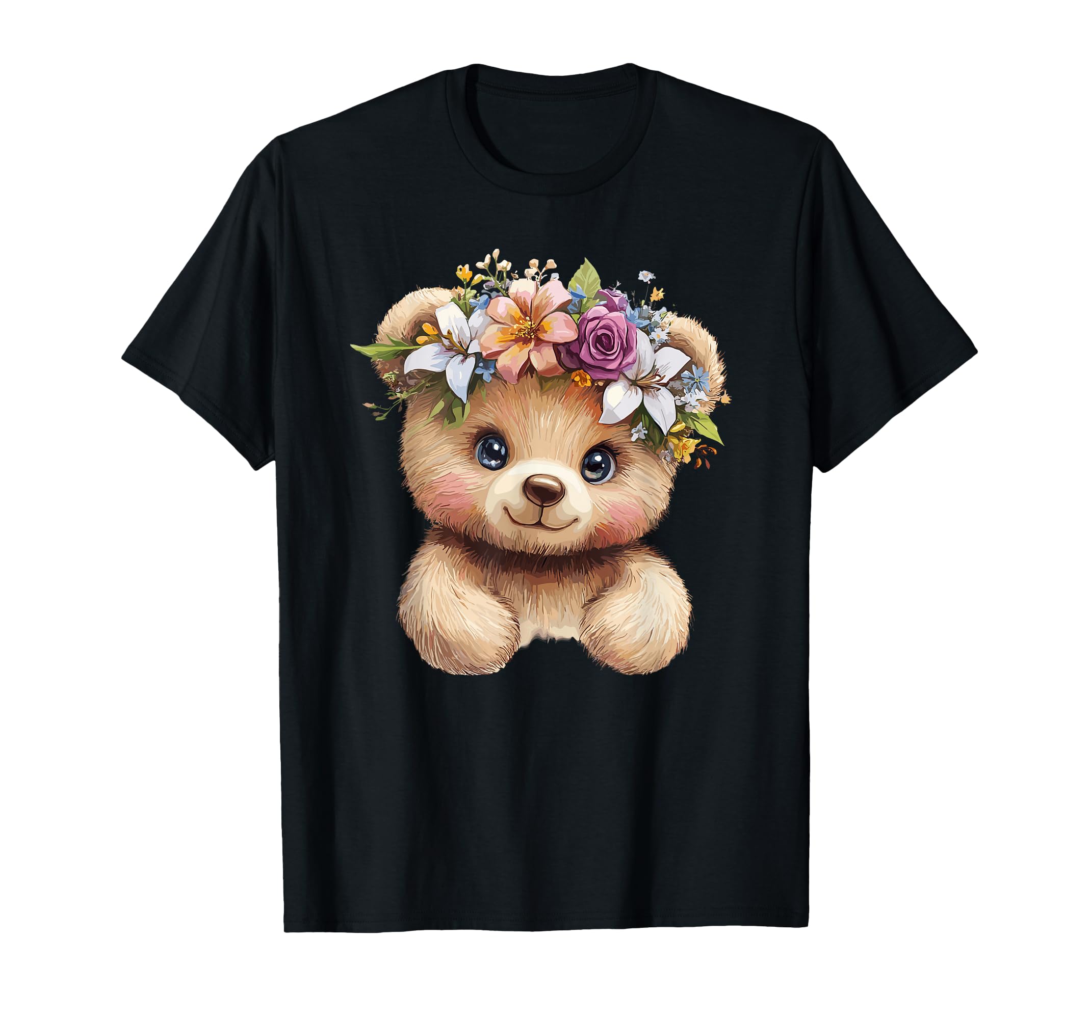 View 1 of **WHITE** Floral Crown Teddy Bear Illustration T-Shirt XS