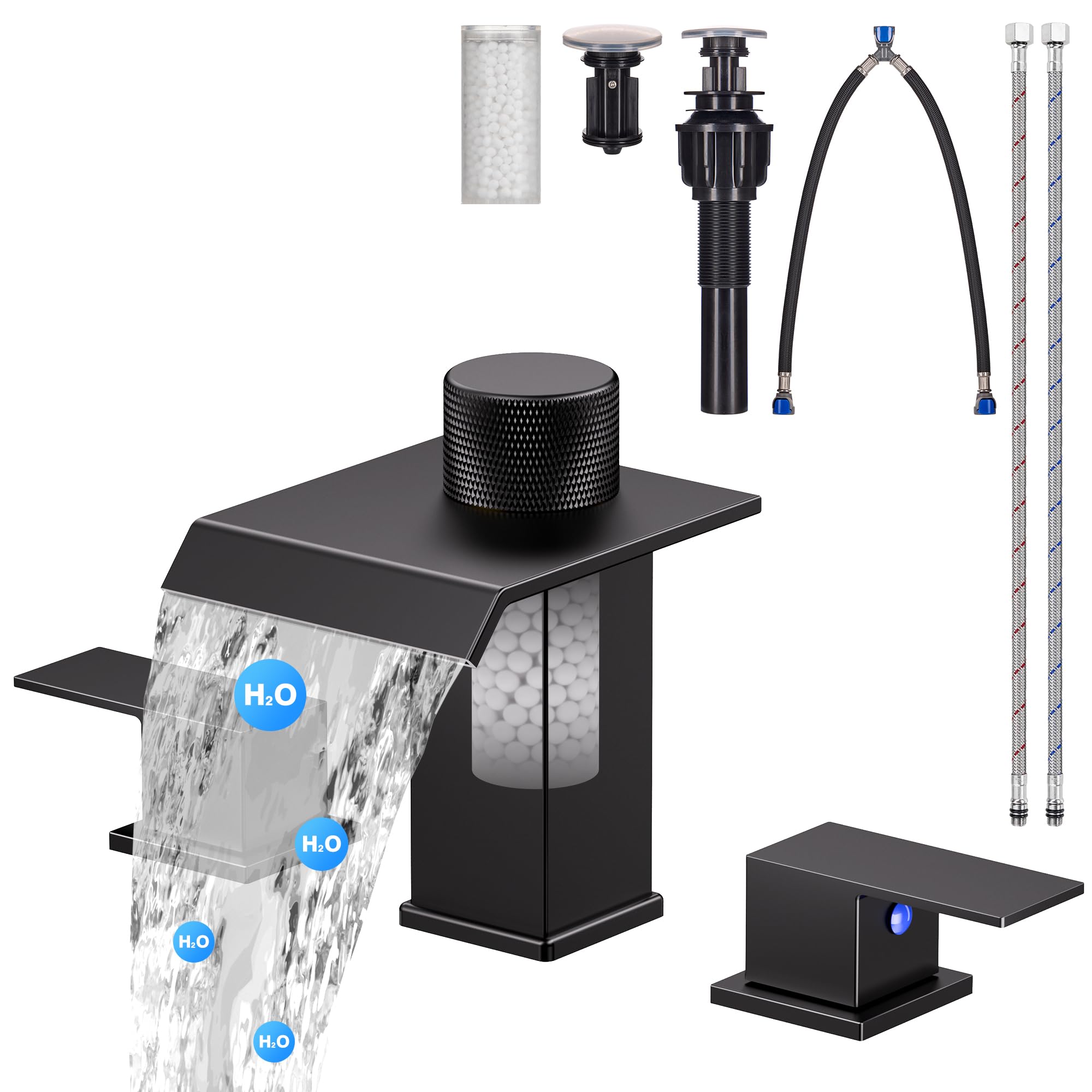 Bathroom Faucet 3 Hole, Black Bathroom Sink Faucet with Filter, 8 Inch Widespread Waterfall Bathroom Faucet with Metal Pop-Up Drain and Supply Hoses, Perfect for Vanity, Restroom, Sink, Rv