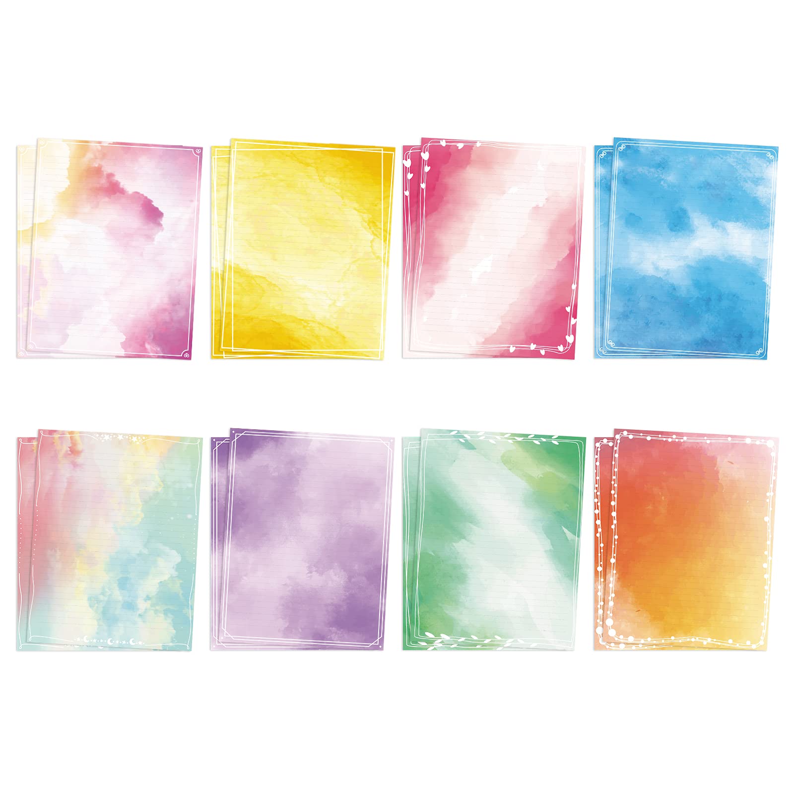 Watercolor Stationery Paper Set 96 Pieces (Lined) 8.5“ x 11" US Stationary Size, Letter Writing Paper 8 Bright Color Assorted Original Design Perfect for Calligraphy, Invitation