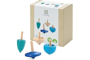 PlanToys® Mini Wooden Spinning Tops Set | 4 Colorful Eco-Friendly Montessori Toys for Toddlers | Travel Toys for Kids | Sensory Fidget Toys for Focus & Coordination