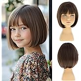 Dsimeig Short Brown Kids Wig Girls Straight Bob Wig with Bangs Synthetic Cosplay Halloween Costume Party Use
