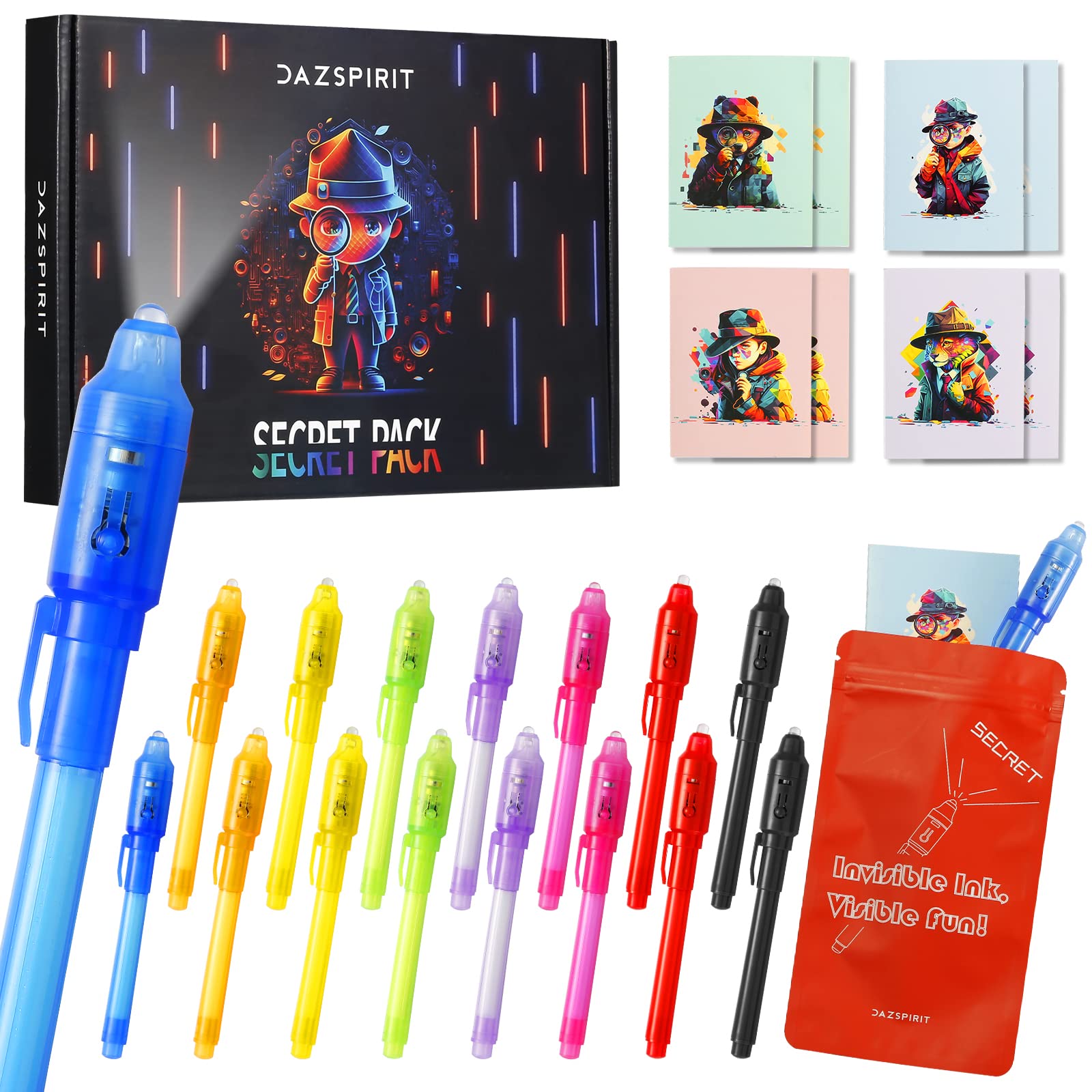 DazSpirit 16 Pieces Invisible Ink Pens and Notebooks - Detective Theme, UV Light Spy Pens Party Bag Fillers for Boys and Girls, Magic Secret Message for Detective Parties, Treasure Hunt — image 1