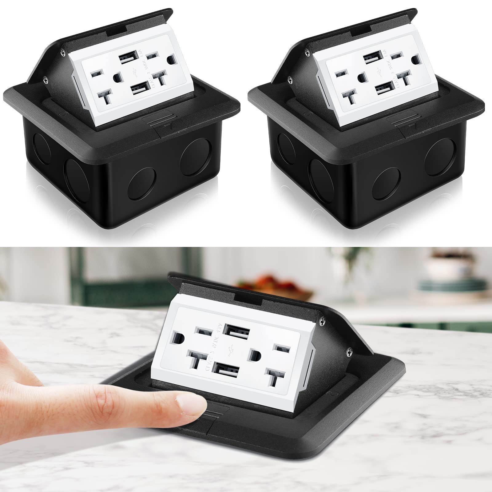 Photo 1 of ***One Only***Hoolerry 2 Pack Pop up Floor Electrical Outlet Cover Box Kit with 4.8A USB Charger 20Amp Waterproof Weatherproof Floor Tamper Resistant Outlet Receptacle for Countertop Home (Black)