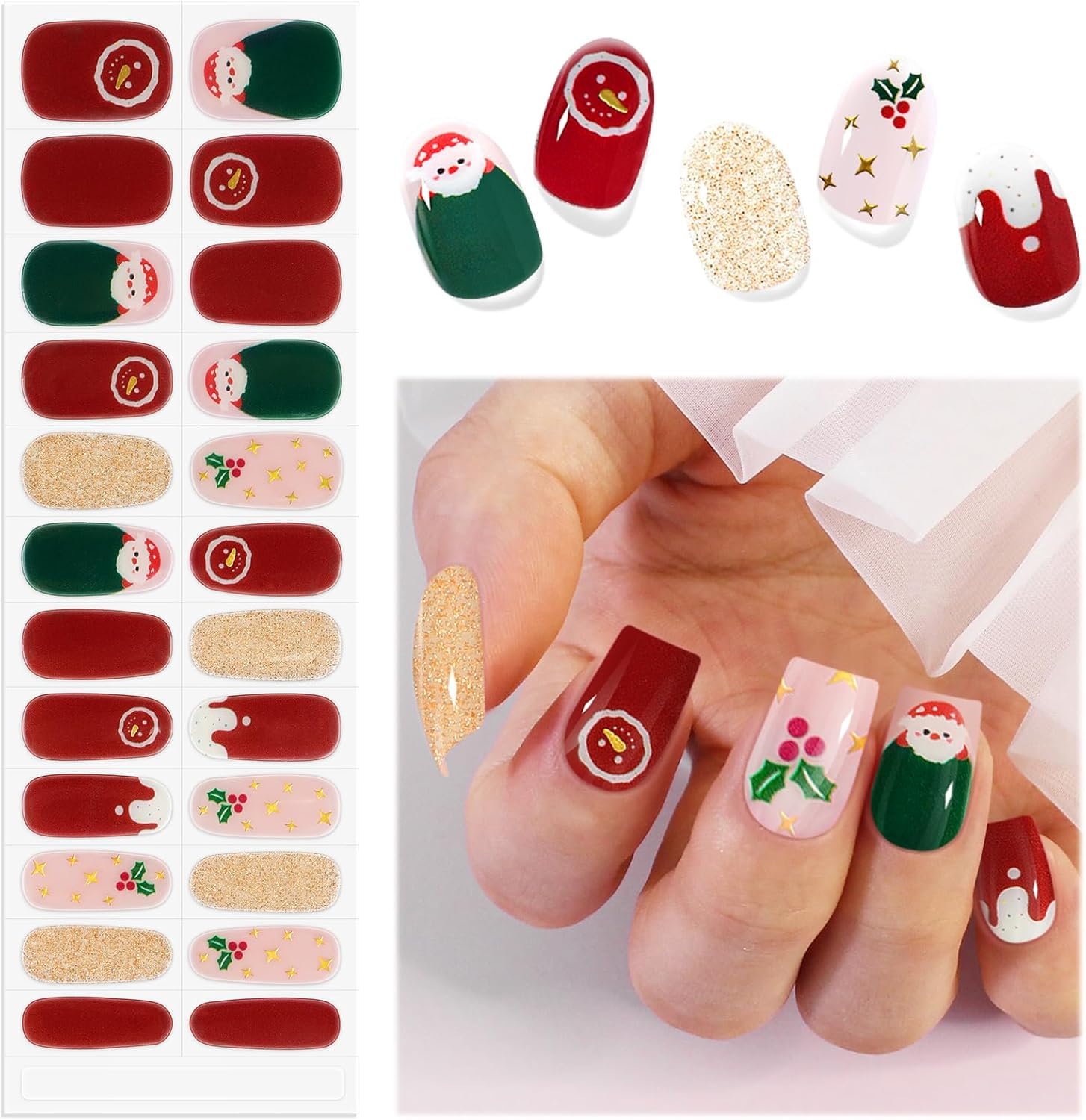 EBANKU Christmas Semi Cured Gel Nail Strips, 24PCS Christmas Gel Nail Stickers - Long Lasting & Easy to Apply & Remove for Salon Quality Manicure | Red, Green Glitter — image 1