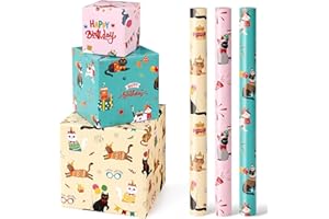 WERNNSAI Cat Wrapping Paper Rolls - 3 Rolls 43 x 305cm Birthday Wrapping Paper Rolls Cat Birthday Gift Wrap Paper Girls Wrapp