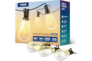 VIPAR Outdoor String Lights 25FT LED Patio Lights IPX5 Waterproof with 10+1 ST38 Shatterproof Edison Bulbs, 2700K Connectable Outside Hanging Light for Porch, Garden, Backyard, Deck, Balcony, Decor