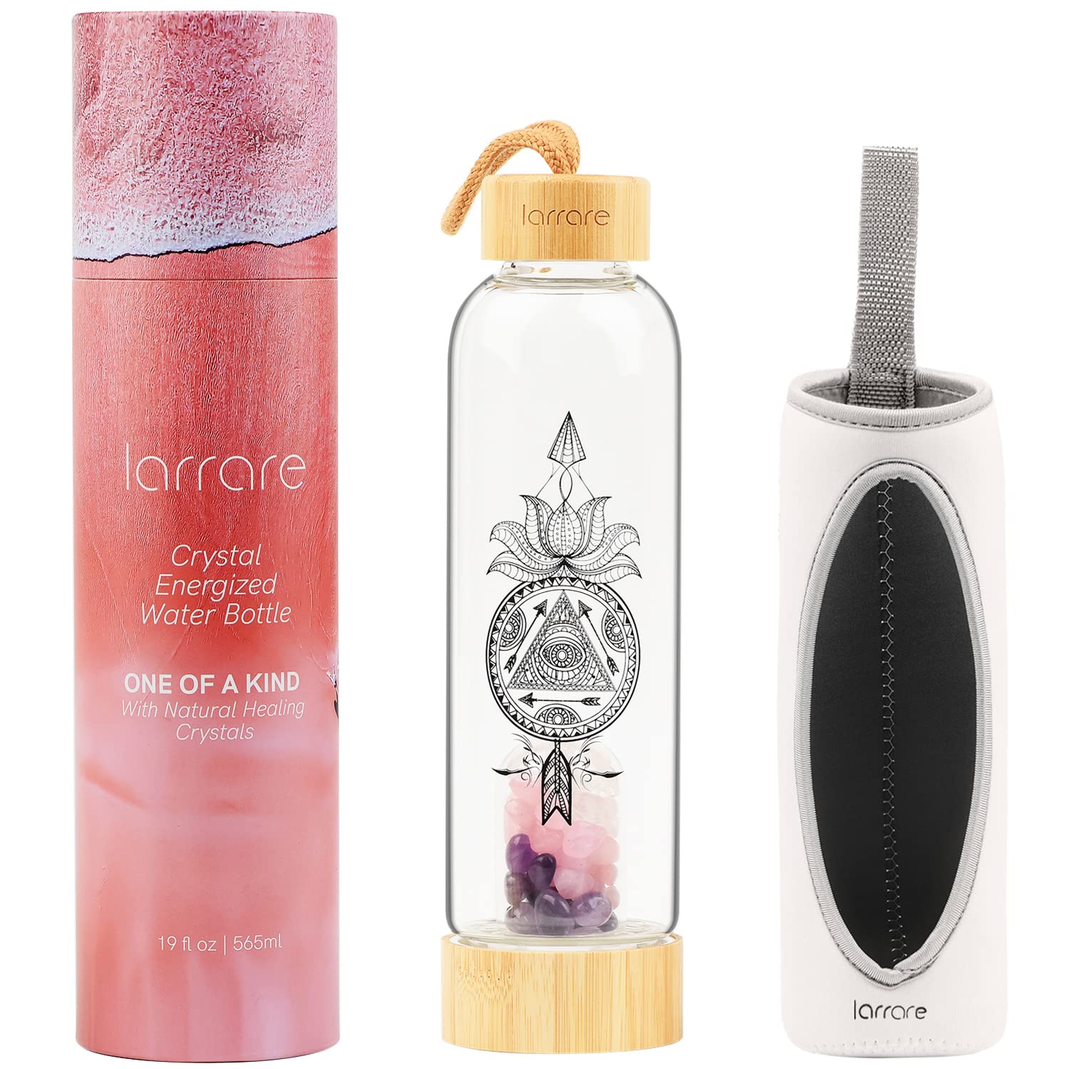 View 1 of **GLASS BOTTLE ONLY**
Larrare Crystal Water Bottle with Gem Pod 3 Changeable Healing Crystals Inside Amethyst, Rose Quartz, Clear Quartz | Sleeve with Opening, Sacred Boho Deisign, 19oz